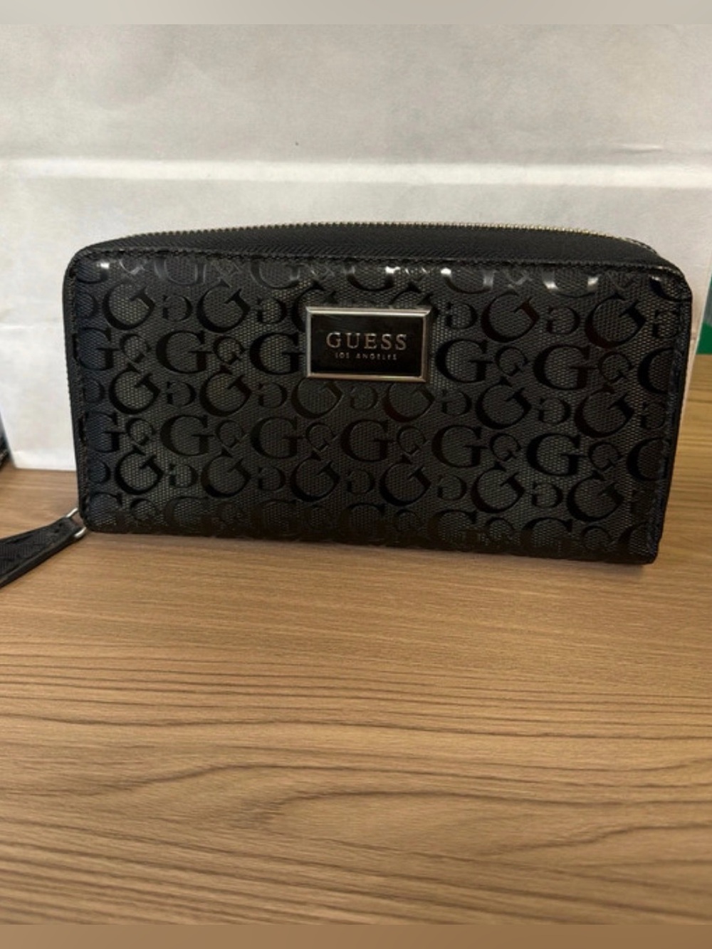 GUESS Black Monogram Zip Wallet with Metal Logo Plate